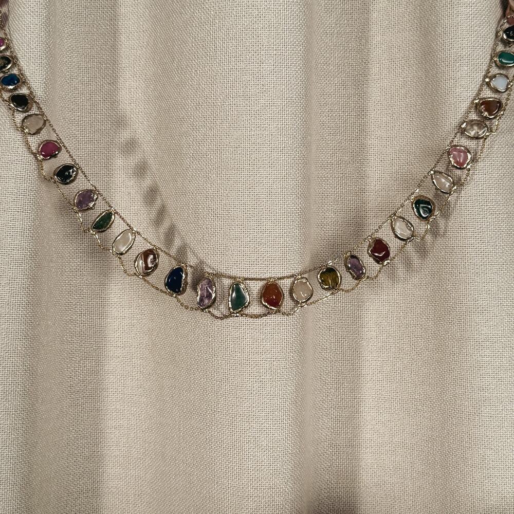 Teotihuacán Gemstone Collar, Gold-Plated Mexican Statement Necklace - Picture 3 of 4